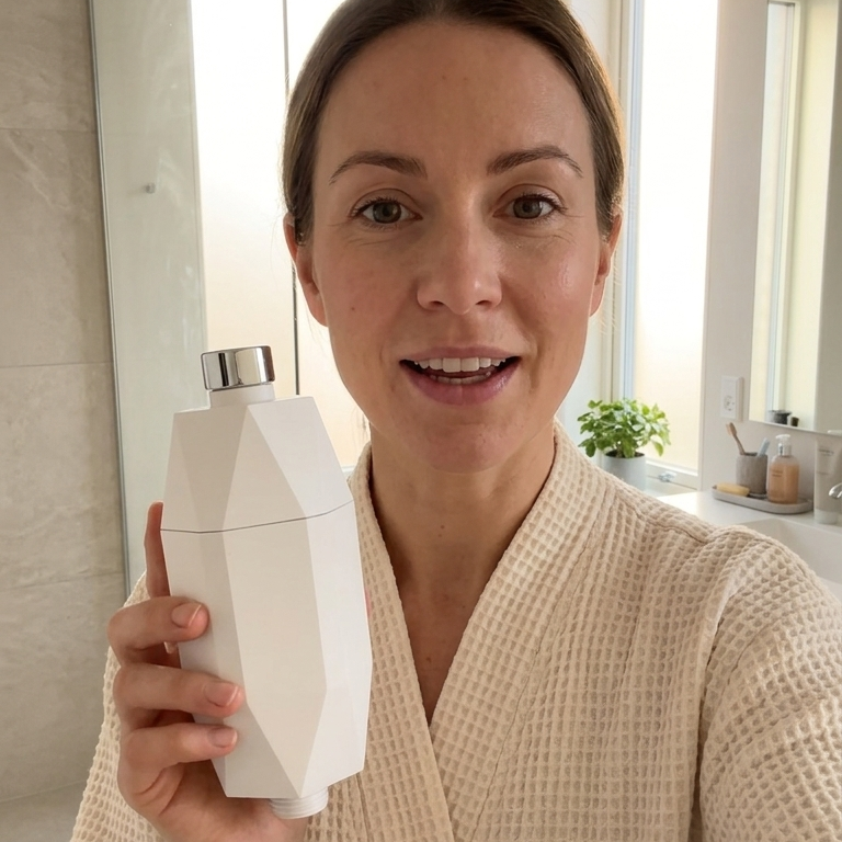 BloomFit Glow Shower Filter installed on a standard shower arm at home