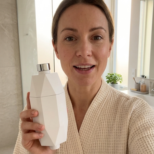 BloomFit Glow Shower Filter installed on a standard shower arm at home